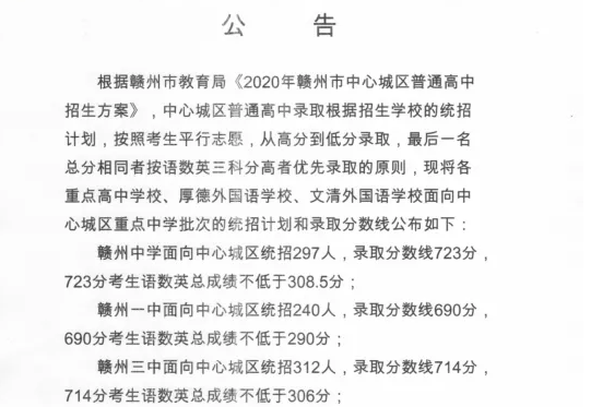 2020贛州重點高中分數線