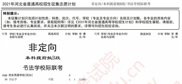 2021河北本科提前批B段征集計劃（書法學校際聯(lián)考）