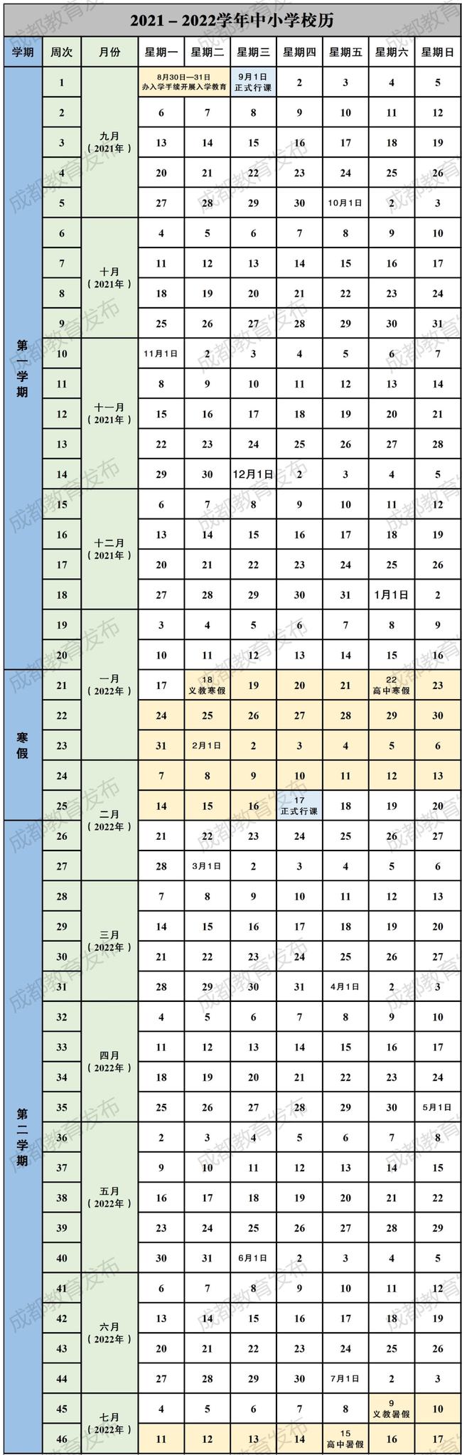 2021-2022成都中小學校歷 寒假時間公布